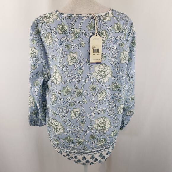 NWT Casa Cabana Blue Floral Tasseled Keyhole Front Tie 3/4 Sleeve Boho Blouse L - Picture 5 of 14